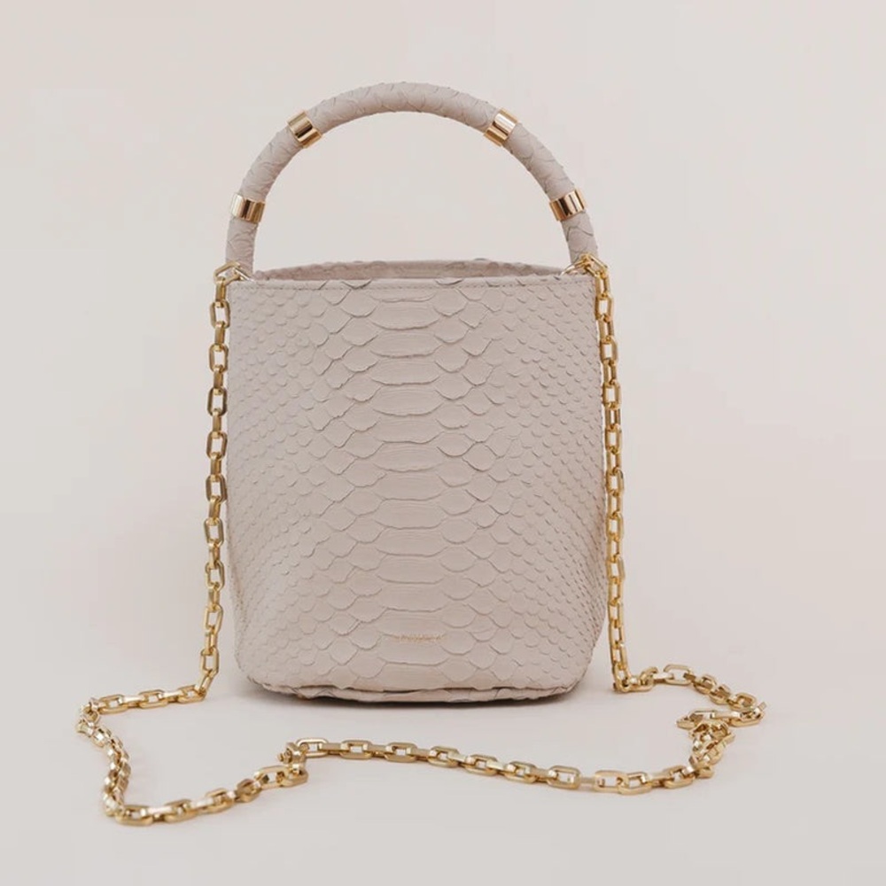 Structured Bucket Shoulder Bag in Light Beige with Gold Chain